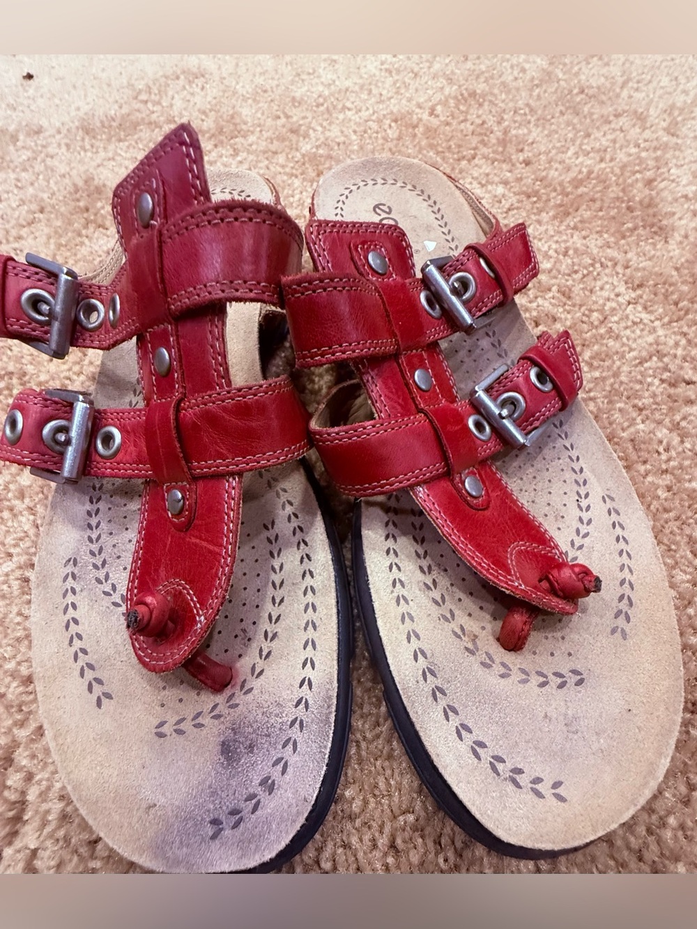 Ecco from the Comfort Footwear Line Red Leather Strappy Toe-Loop Sandals